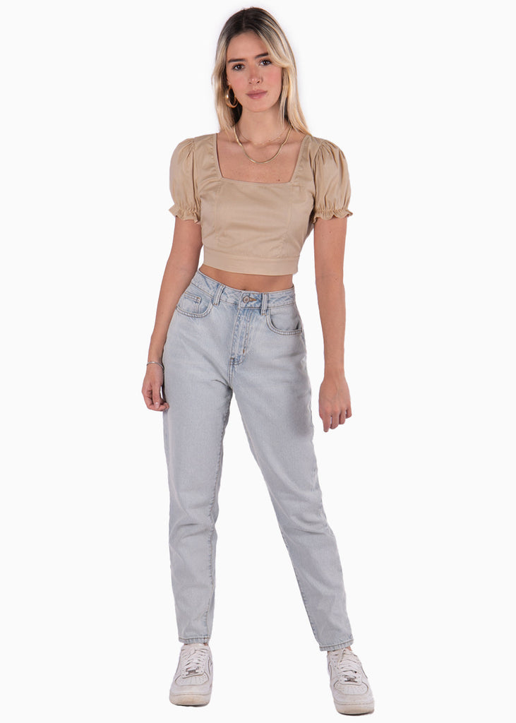 Crop top con escote cuadrado y anudado en la espalda color beige para mujer - Flashy