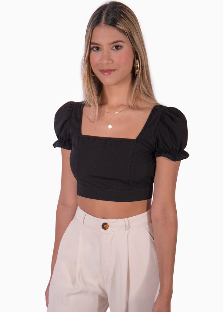 Crop top con escote cuadrado y anudado en la espalda color negro para mujer - Flashy
