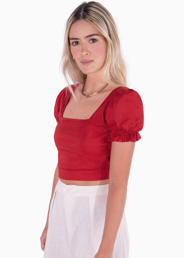 Crop top con escote cuadrado y anudado en la espalda color rojo para mujer - Flashy