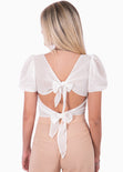 Crop top con escote en v y mangas embombadas color blanco para mujer - Flashy