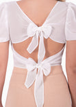 Crop top con escote en v y mangas embombadas color blanco para mujer - Flashy