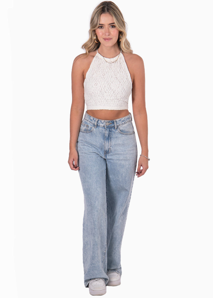 Crop top con escote halter y textura de encaje color blanco, marfil para mujer - Flashy