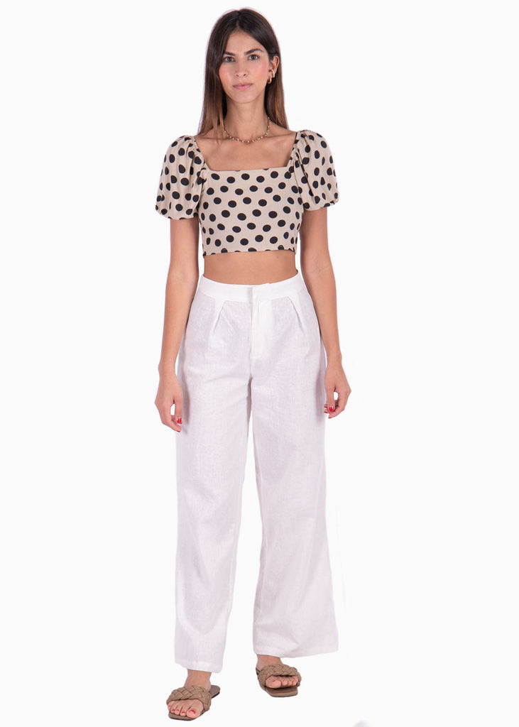 Crop top con estampado de puntos, mangas embombadas y escote cuadrado color beige para mujer - Flashy