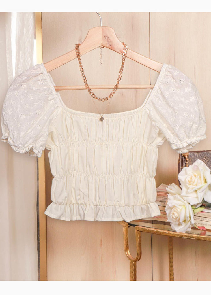 Crop top con mangas abullonadas de ojalillo color blanco, marfil para mujer - Flashy