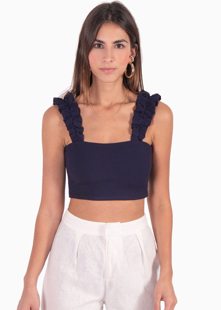 Crop top con recogido en tiras color azul para mujer - Flashy