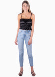 Crop top con recogidos y anundados en tiras color negro para mujer - Flashy