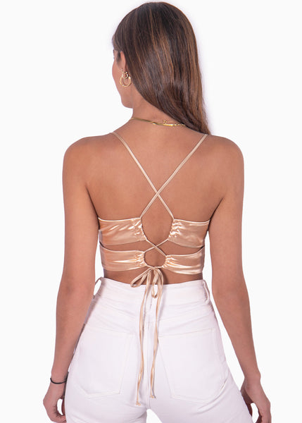 Crop top con tiras cruzadas en espalda color dorado para mujer - Flashy
