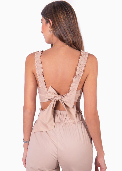 Crop top con tiras de ruche y escote anudado color rosado para mujer - Flashy
