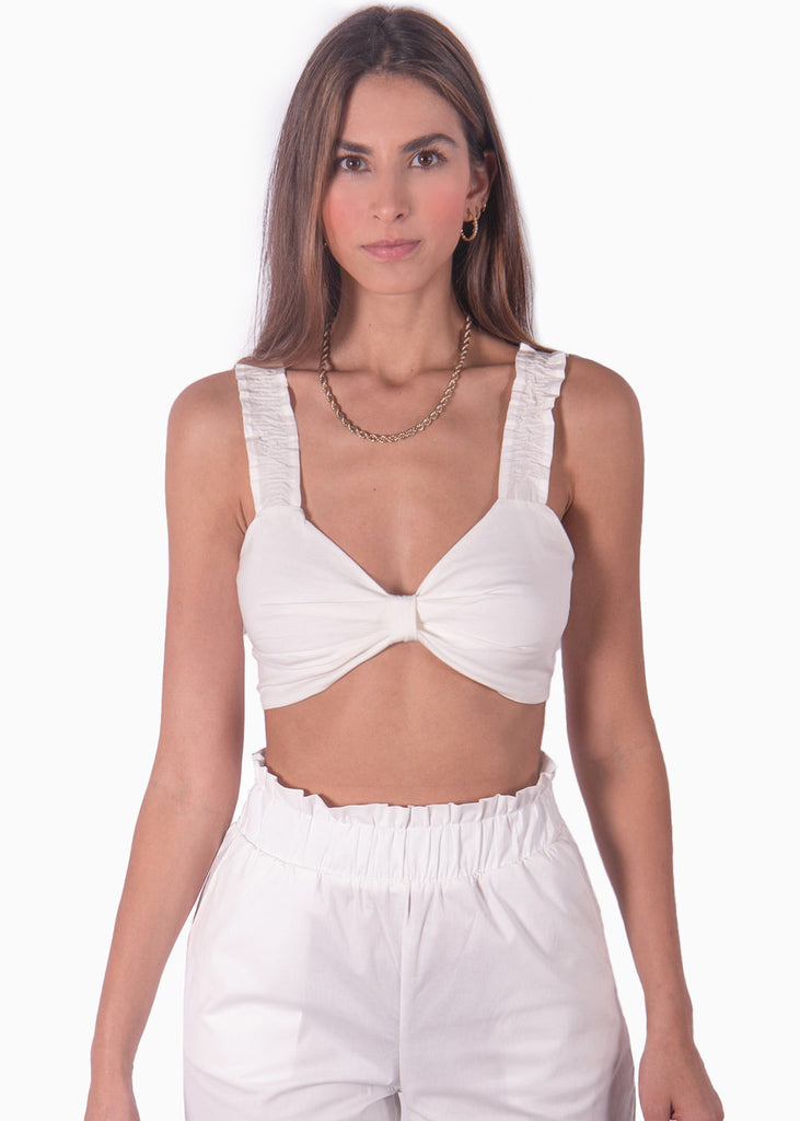 Crop top con tiras de ruche y escote anudado color blanco, marfil para mujer - Flashy