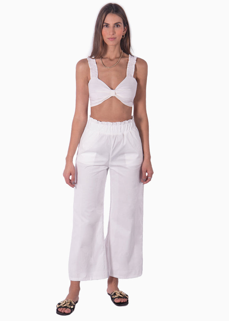 Crop top con tiras de ruche y escote anudado color blanco, marfil para mujer - Flashy