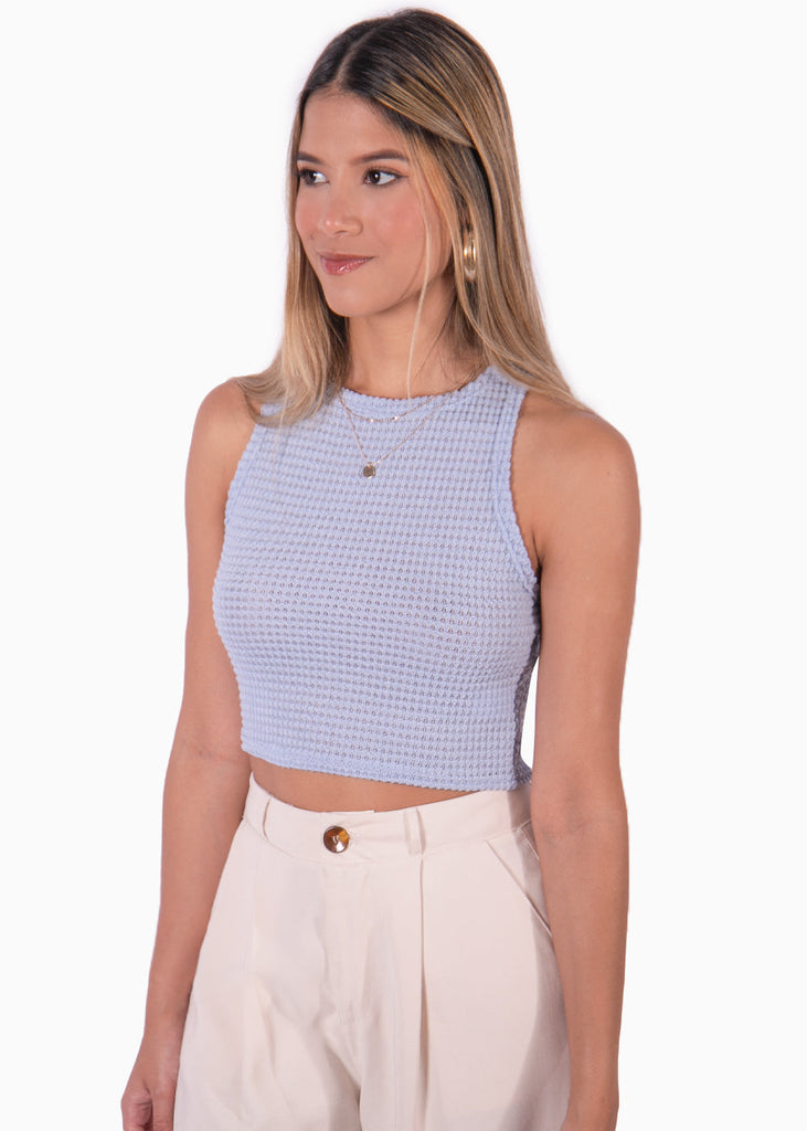 Crop top cuello alto sin mangas color azul para mujer - Flashy