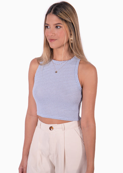 Crop top cuello alto sin mangas color azul para mujer - Flashy