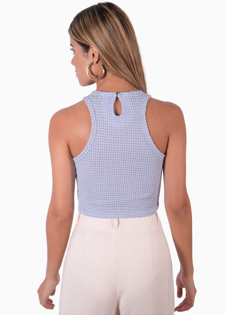 Crop top cuello alto sin mangas color azul para mujer - Flashy