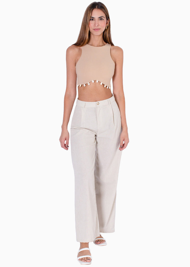 Crop top cuello halter con apliques de caracoles color beige para mujer - Flashy