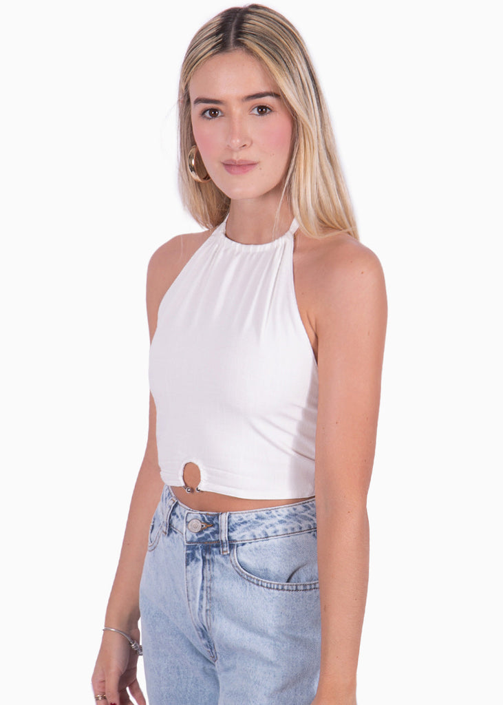 Crop top cuello halter con herraje color marfil, blanco para mujer - Flashy