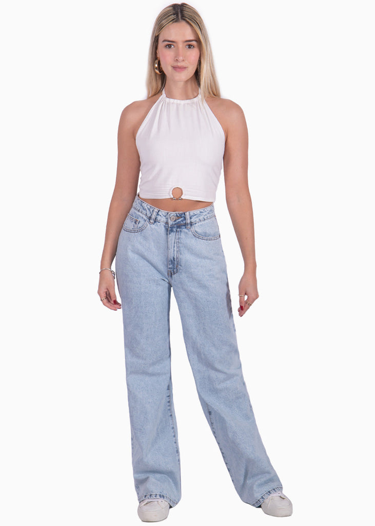 Crop top cuello halter con herraje color marfil, blanco para mujer - Flashy