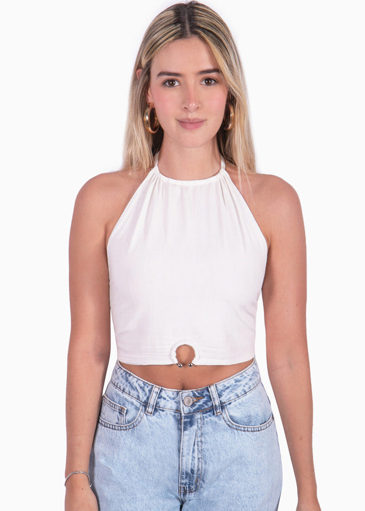 Crop top cuello halter con herraje color marfil, blanco para mujer - Flashy
