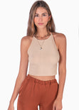 Crop top cuello halter de tiras color beige para mujer - Flashy