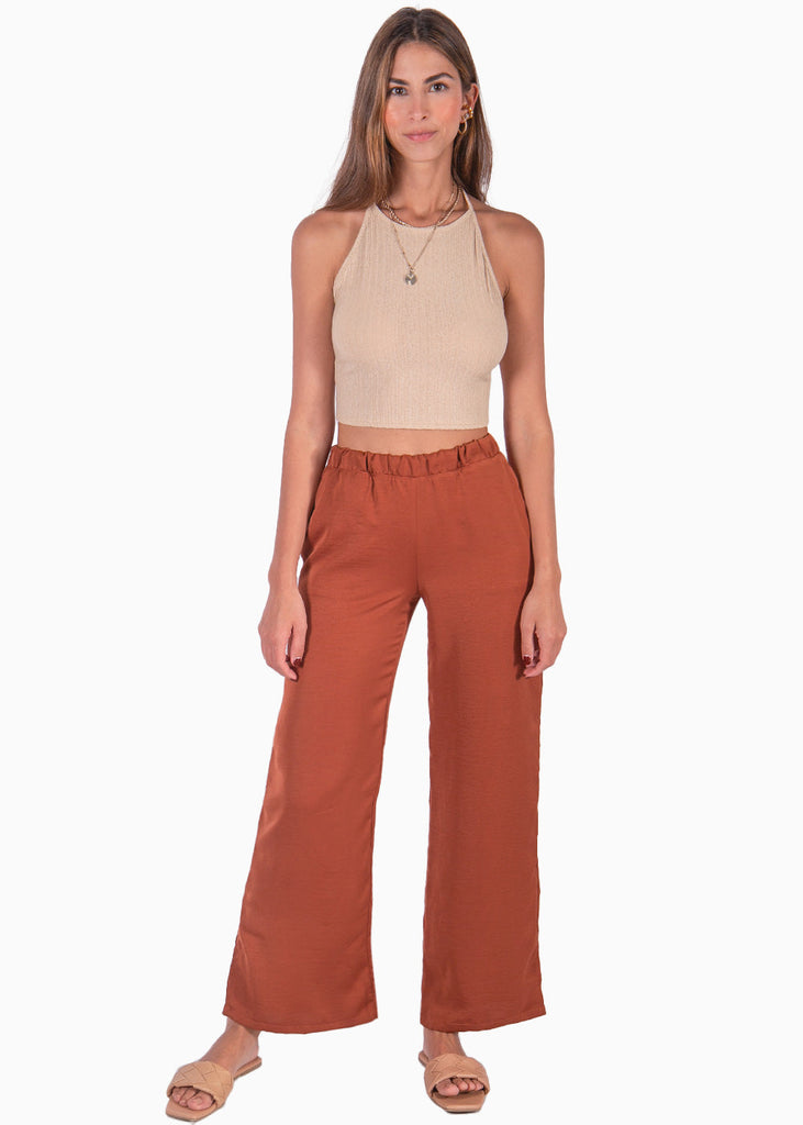 Crop top cuello halter de tiras color beige para mujer - Flashy