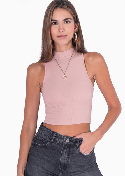 Crop top cuello halter sin mangas color rosado para mujer - Flashy