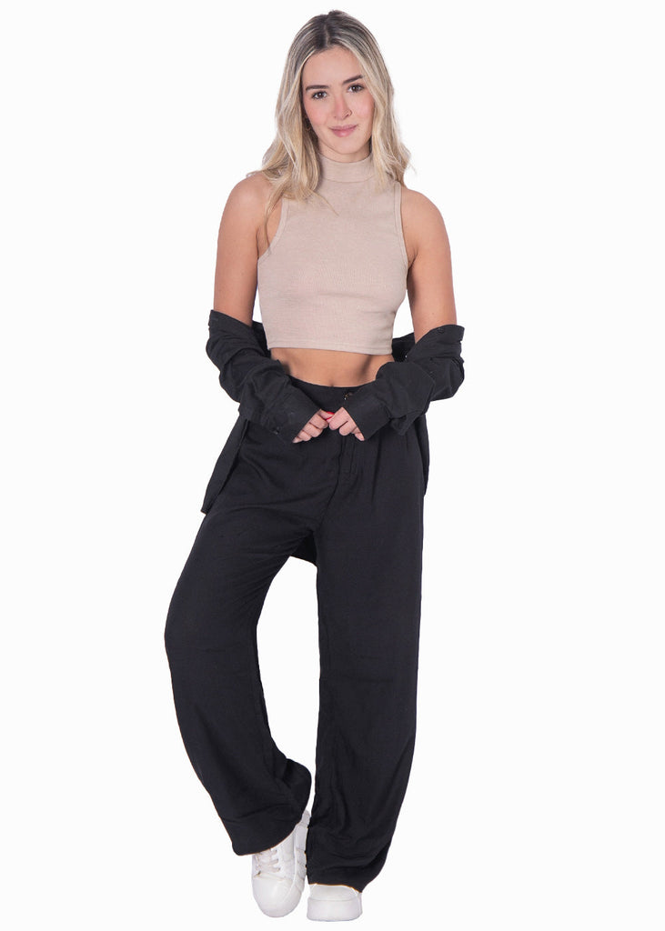 Crop top cuello halter sin mangas color beige para mujer - Flashy
