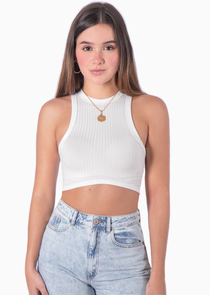 Crop top cuello halter sin mangas color blanco, marfil para mujer - Flashy