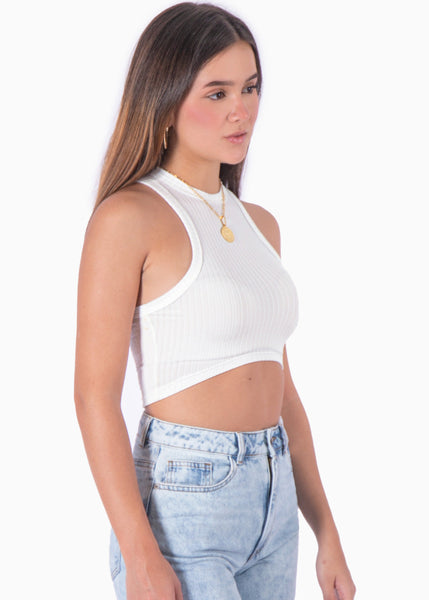 Crop top cuello halter sin mangas color blanco, marfil para mujer - Flashy