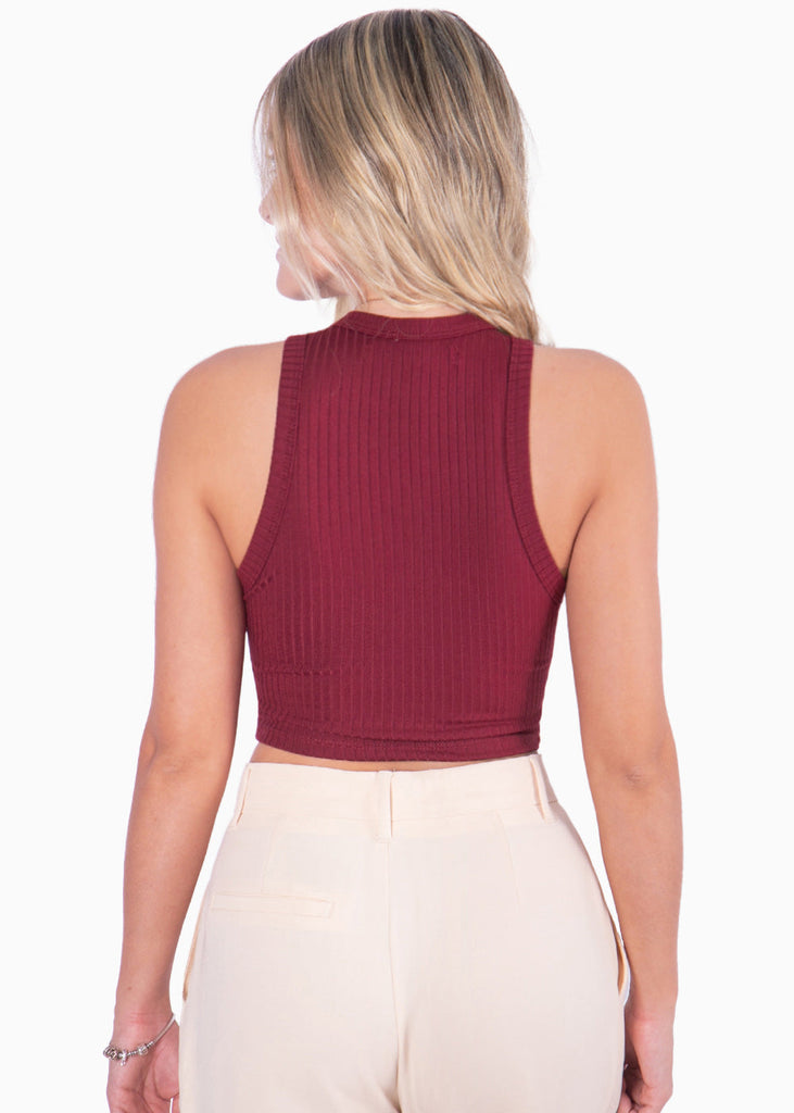 Crop top cuello halter sin mangas color vino para mujer - Flashy
