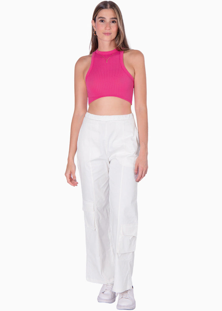 Crop top cuello halter sin mangas color rosado, fucsia para mujer - Flashy
