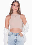 Crop top cuello halter sin mangas color beige para mujer - Flashy