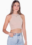 Crop top cuello halter sin mangas color beige para mujer - Flashy