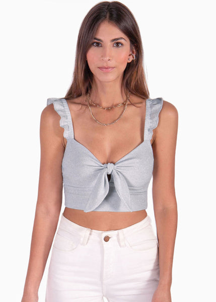 Crop top de tiras con boleros y anudado en escote color gris para mujer - Flashy