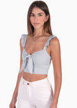 Crop top de tiras con boleros y anudado en escote color gris para mujer - Flashy