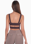 Crop top de tiras con cruce en frente y escote en v color café para mujer - Flashy