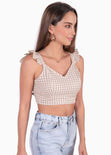 Crop top de tiras con cuello en v y boleros color beige para mujer - Flashy