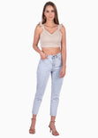 Crop top de tiras con cuello en v y boleros color beige para mujer - Flashy