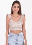 Crop top de tiras con cuello en v y boleros color beige para mujer - Flashy