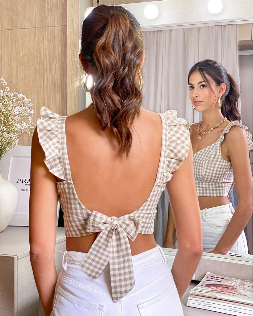 Crop top de tiras con cuello en v y boleros color beige para mujer - Flashy