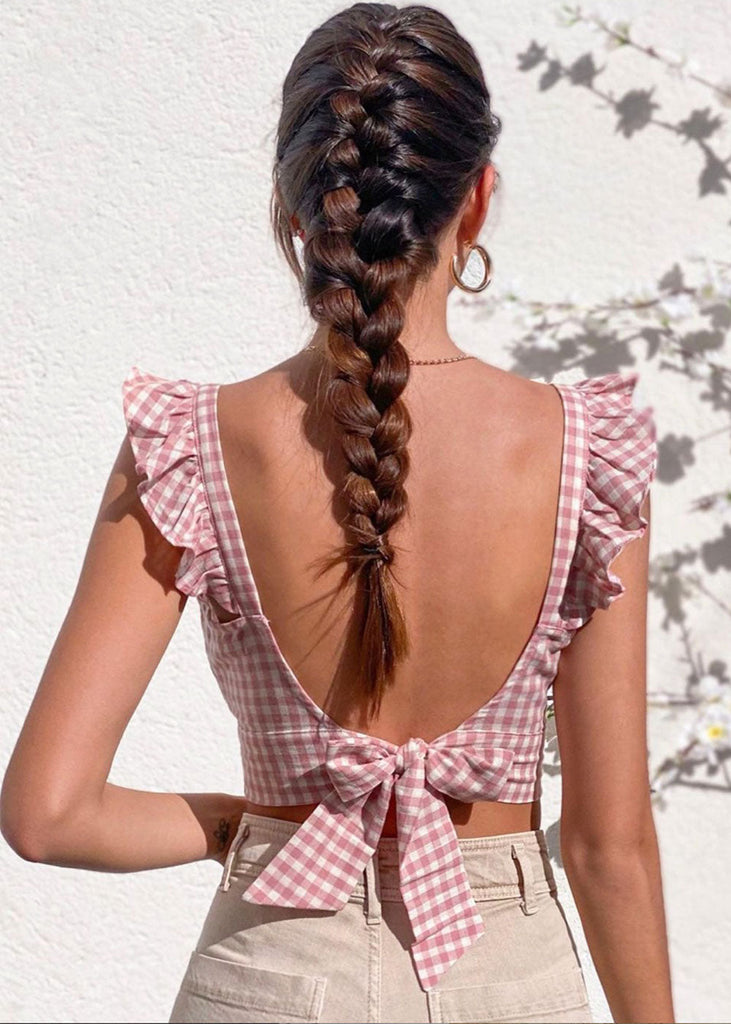 Crop top de tiras con cuello en v y boleros color rosado para mujer - Flashy