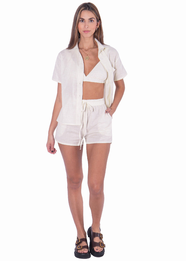 Crop top de tiras con elástico color marfil, blanco para mujer - Flashy