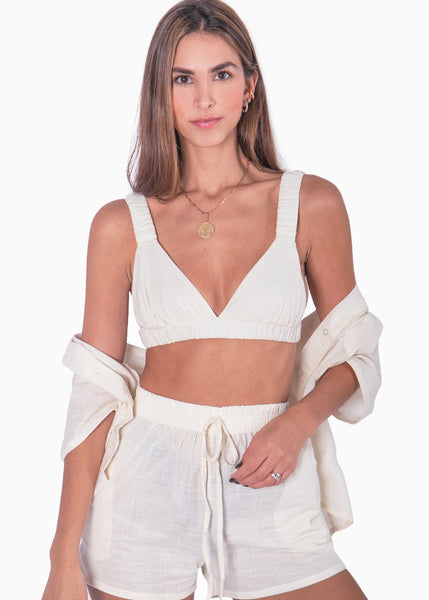 Crop top de tiras con elástico color marfil, blanco para mujer - Flashy
