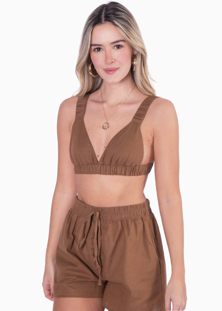 Crop top de tiras con elástico color café para mujer - Flashy