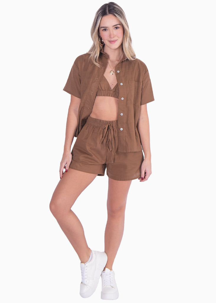 Crop top de tiras con elástico color café para mujer - Flashy