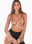Crop top de tiras con escote en v color café, dorado para mujer - Flashy