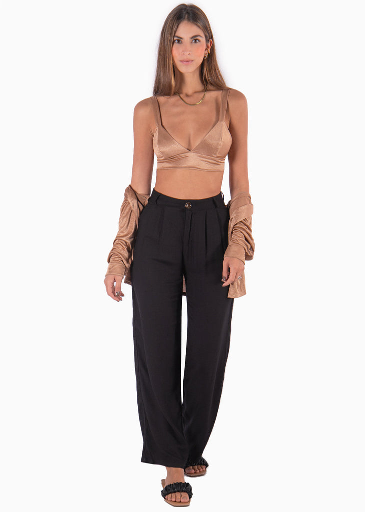 Crop top de tiras con escote en v color café, dorado para mujer - Flashy
