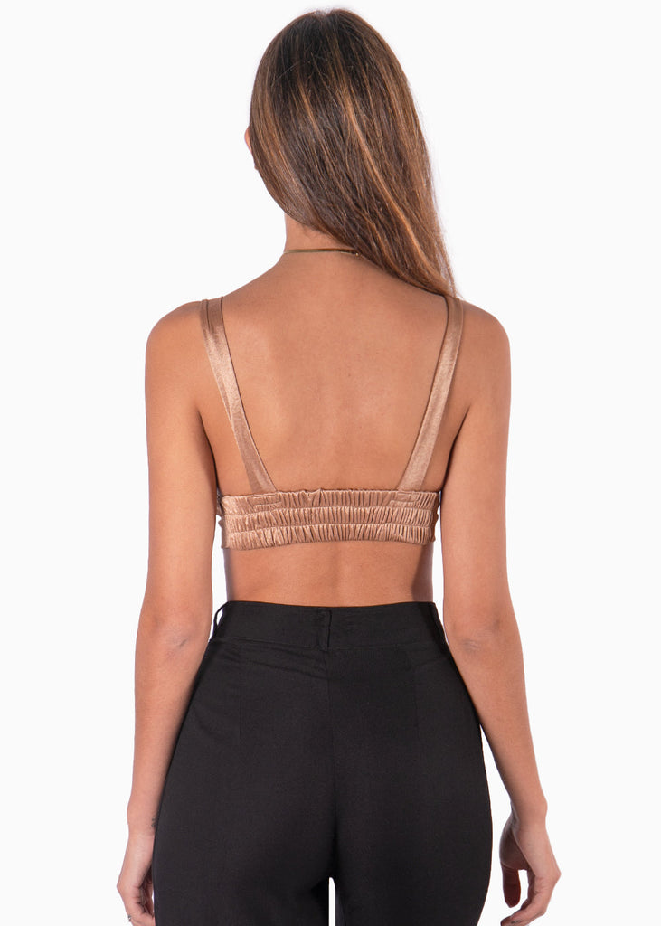 Crop top de tiras con escote en v color café, dorado para mujer - Flashy