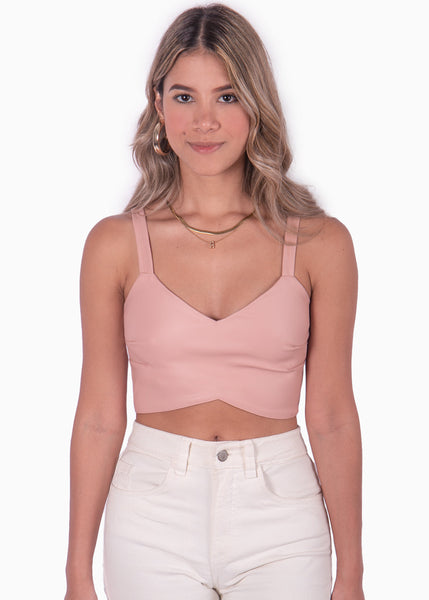 Crop top de tiras con escote en v color rosado para mujer - Flashy