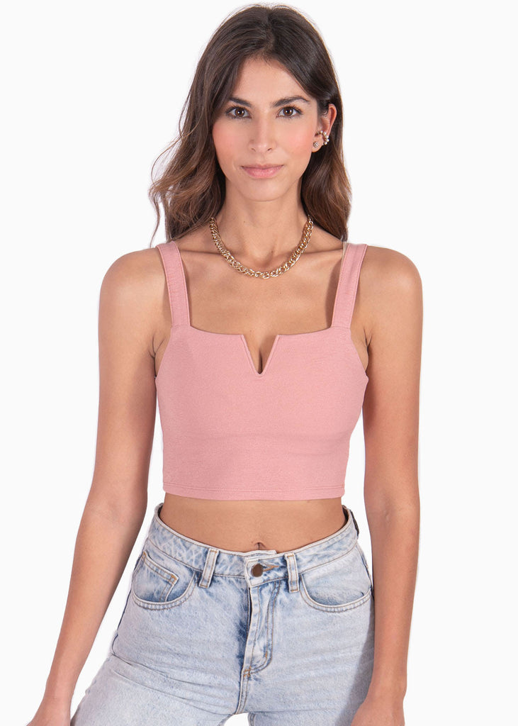 Crop top de tiras con escote en v color rosado para mujer - Flashy