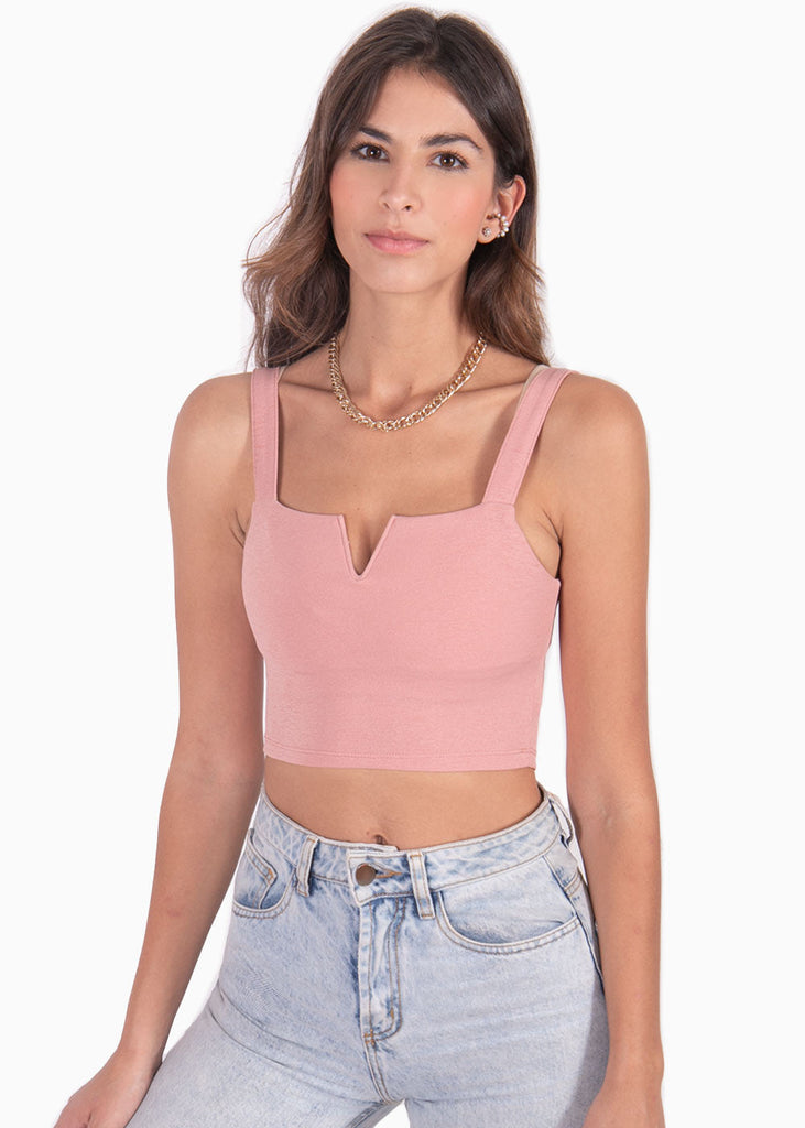 Crop top de tiras con escote en v color rosado para mujer - Flashy