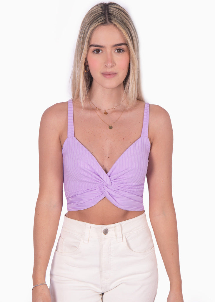 Crop top de tiras con escote entorchado color lila, morado para mujer - Flashy